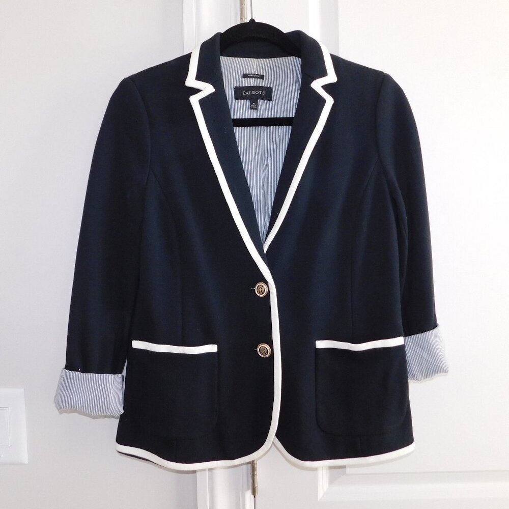 TALBOTS LADIES JACKET SIZE 6 ABERDEEN BLACK W/CREAM TRIM FULLY LINED FRONT POCKE
